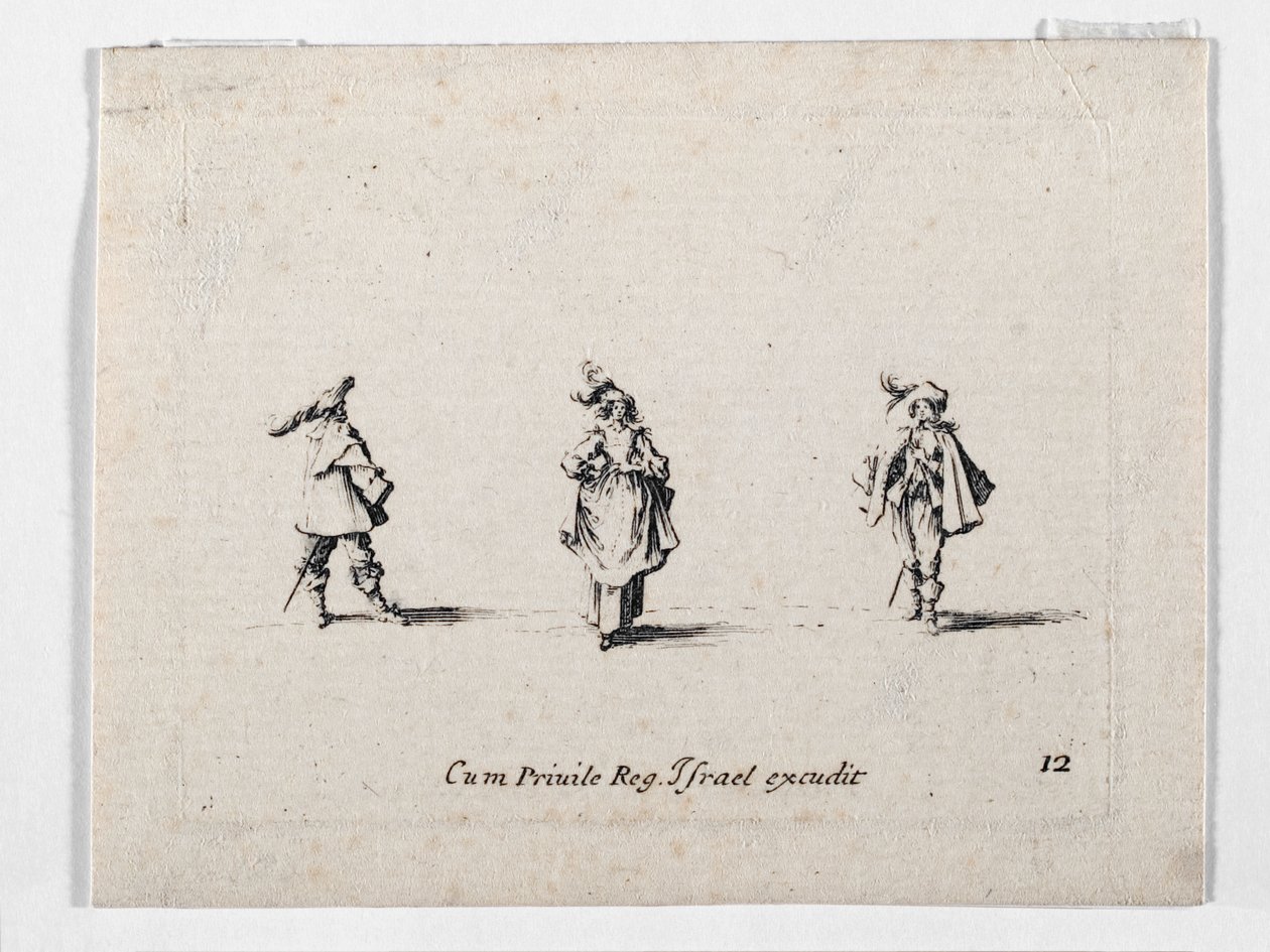 Een dame met een gepluimde hoed en twee cavaliers, van ... (gravure) door Jacques Callot