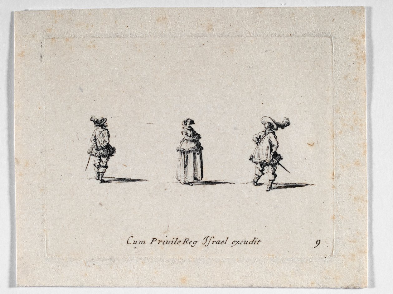 Een dame met gevouwen armen, en twee cavaliers, van ... (gravure) door Jacques Callot