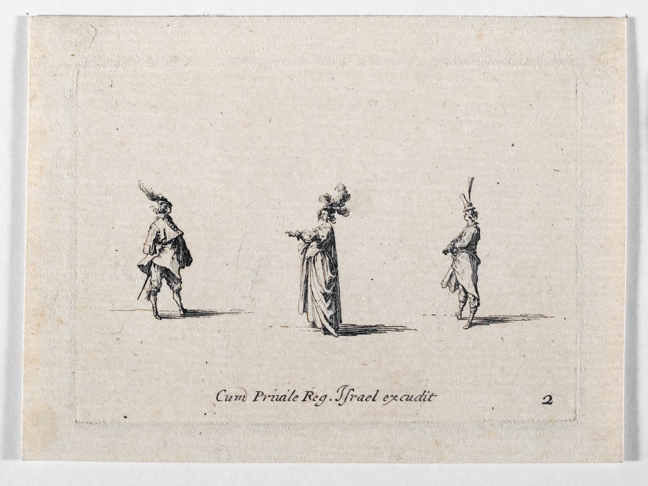 Een dame met gepluimde hoed en twee cavaliers, van ... (gravure) door Jacques Callot