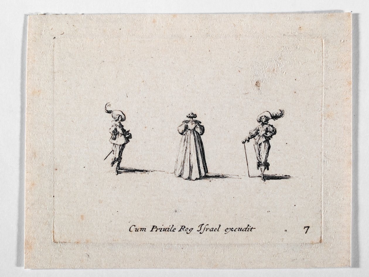Een dame met rijk geplooide jurk, op de rug gezien, en twee cavaliers, uit Les Fantaisies de Noble J. Callot ... (gravure) door Jacques Callot