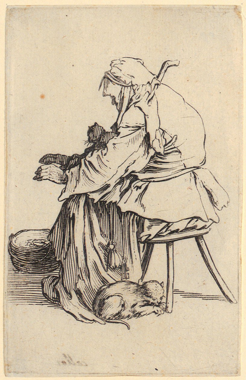 Oude vrouw met katten, blad 25 uit de reeks "De bedelaars" door Jacques Callot