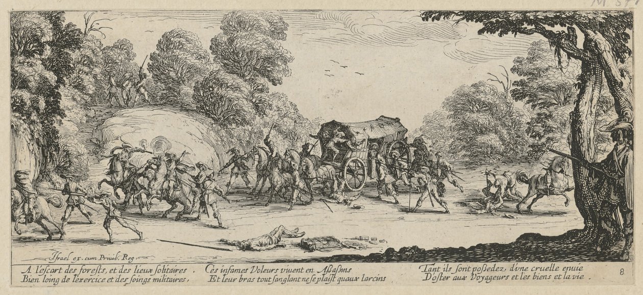 Aanval op een postkoets, blad 8 van de serie "De gruwelen van de oorlog" door Jacques Callot