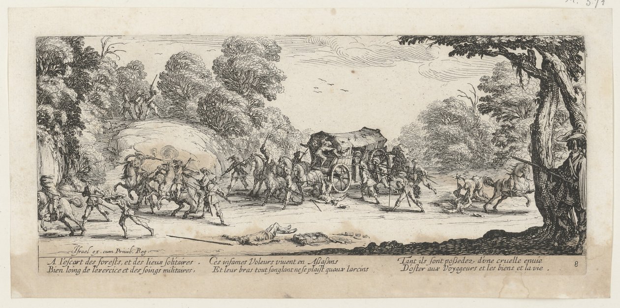 Aanval op een postkoets, blad 8 van de serie "De gruwelen van de oorlog" door Jacques Callot
