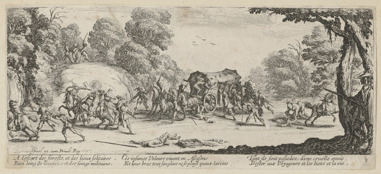 Aanval op een postkoets, blad 8 van de serie "De gruwelen van de oorlog" door Jacques Callot