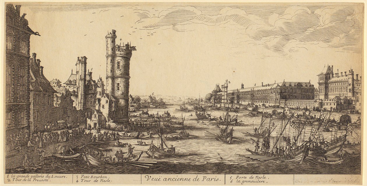 Gezicht op het Louvre, blad 1 uit de serie „De twee grote gezichten op Parijs” door Jacques Callot