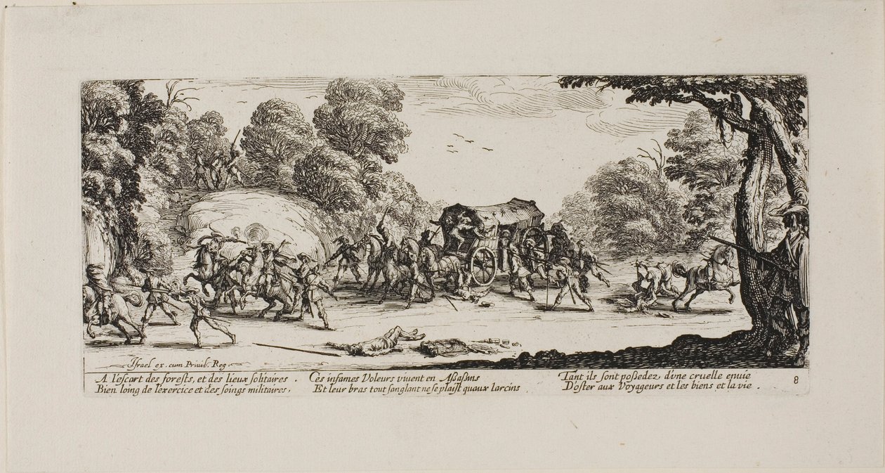 Aanval op de koets, plaat acht uit De ellende van de oorlog door Jacques Callot