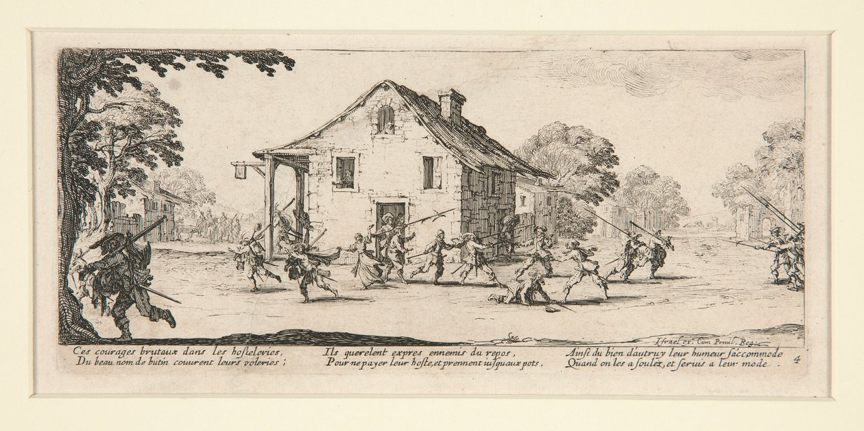 Slagveldscène voor een huis, uit De Ellende en Rampen van de Oorlog, nr. 4 van een set van 18 door Jacques Callot