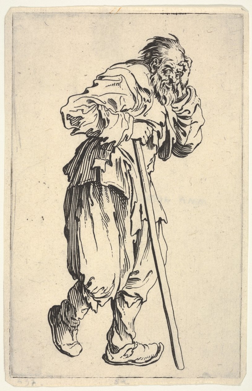 Bebaarde man, gekleed in lompen, die met één hand zijn hoofd vasthoudt en met de andere een wandelstok, uit "De bedelaars" (Les Gueux) door Jacques Callot