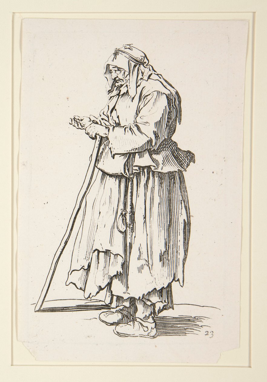 Bedelares die aalmoezen ontvangt, uit De Bedelaars (La mendiante venant de recevoir la charite) door Jacques Callot
