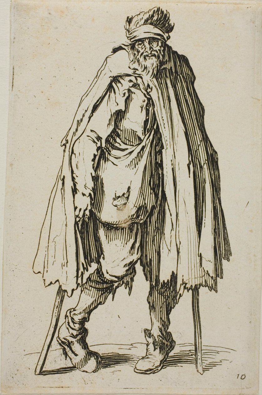 Bedelaar leunend op een stok, plaat negentien uit De Bedelaars door Jacques Callot