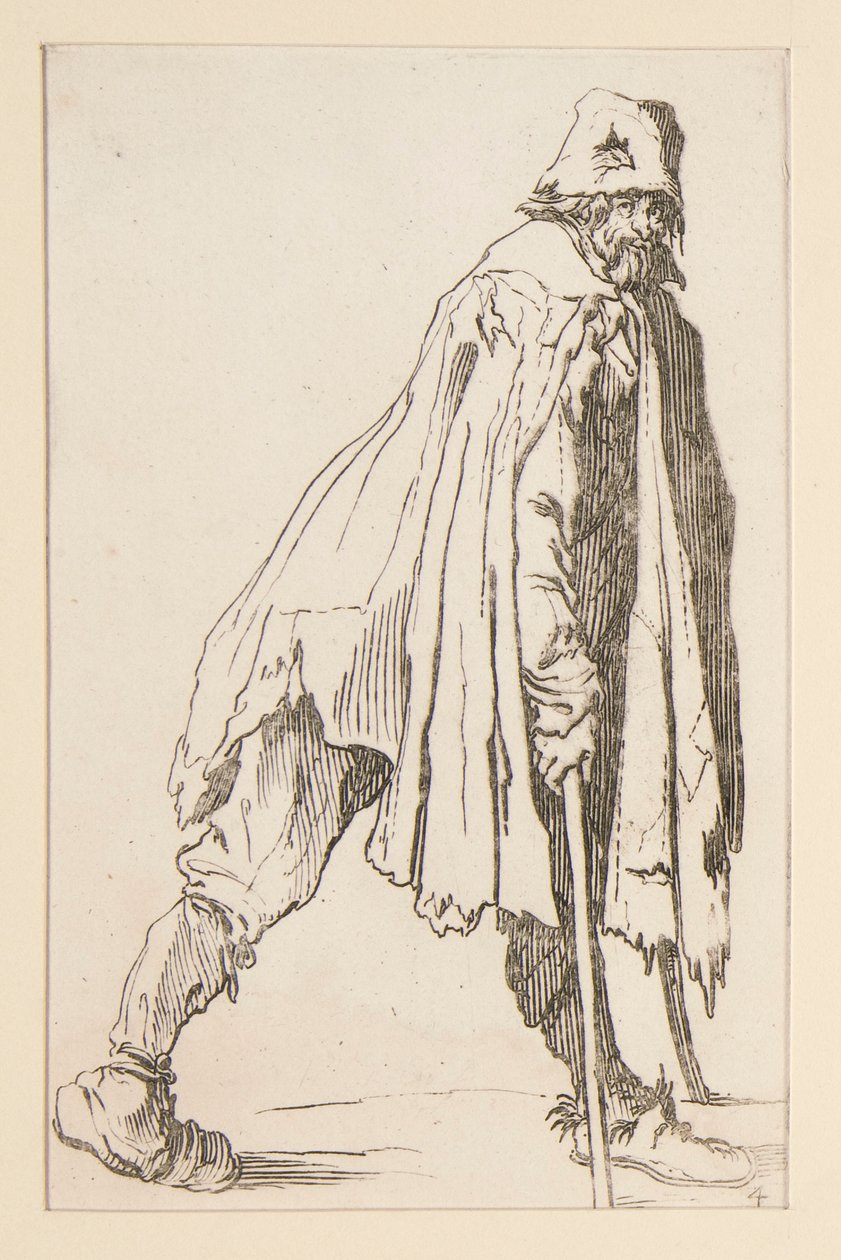 Bedelaar met een pet, op krukken, uit De Bedelaars door Jacques Callot