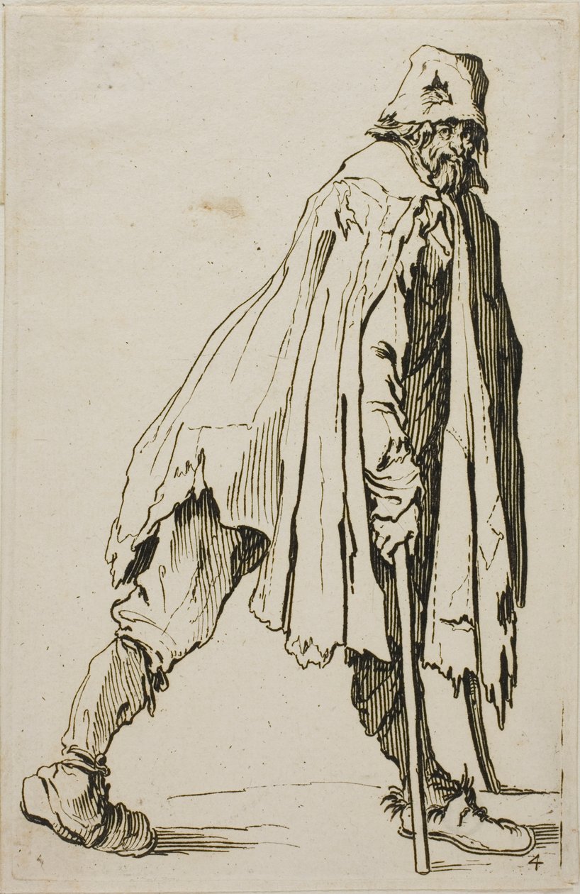 Bedelaar op krukken met een hoed, plaat vier uit De Bedelaars door Jacques Callot