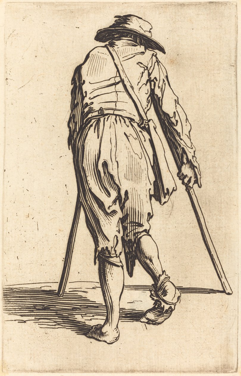 Bedelaar met krukken en hoed, achteraanzicht door Jacques Callot