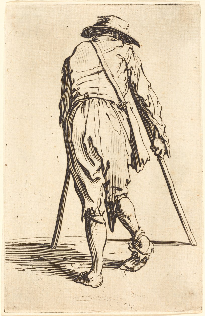 Bedelaar met krukken en hoed, achteraanzicht door Jacques Callot