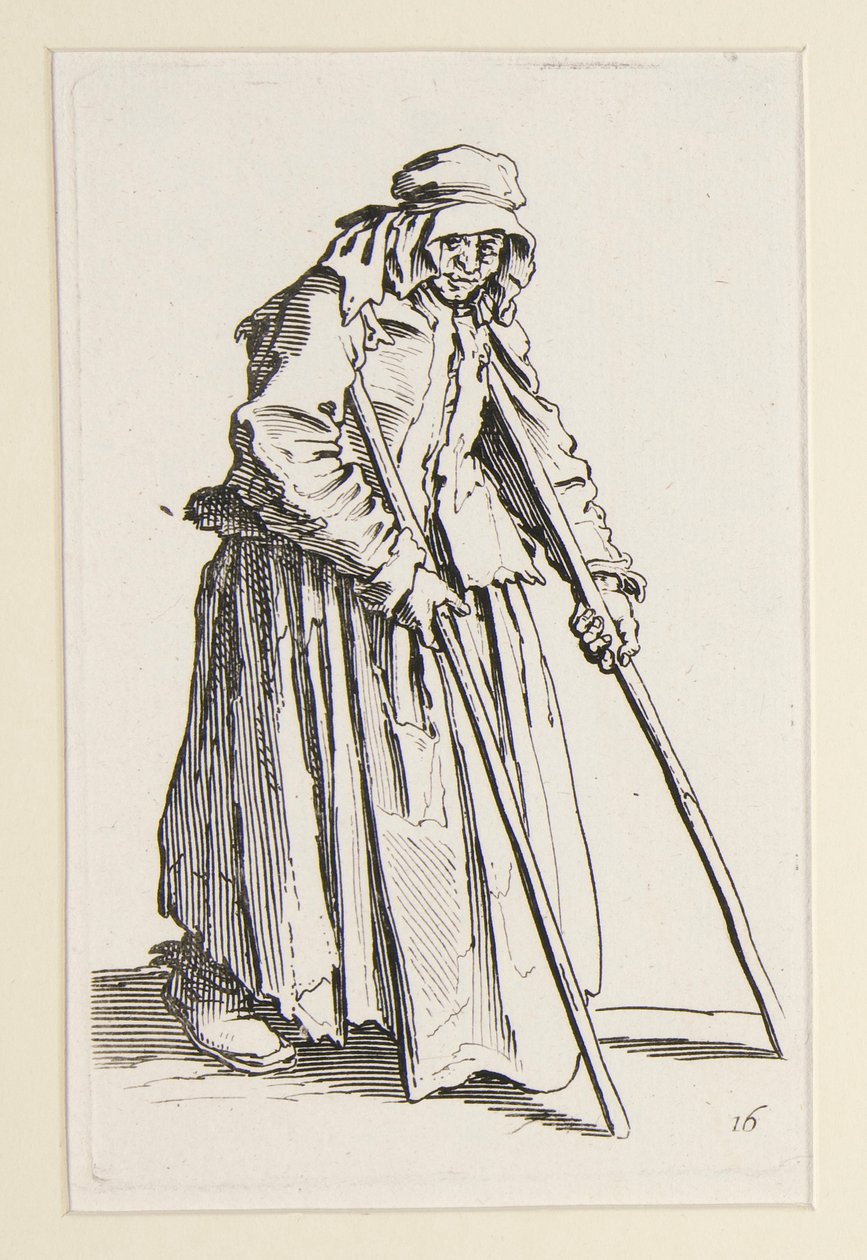 Bedelares op krukken, uit De Bedelaars (La mendiante aux béquilles) door Jacques Callot