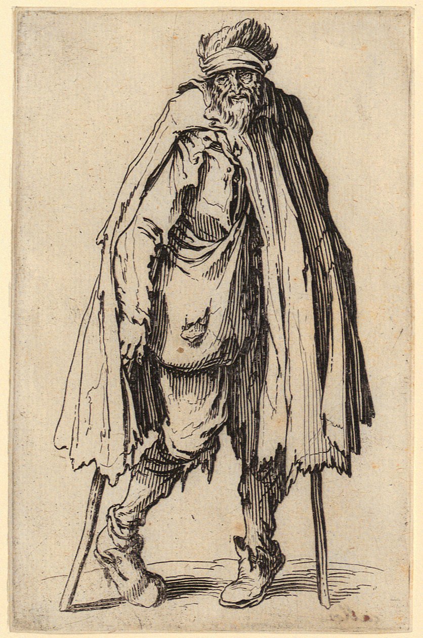 Bedelaar met kruk en schoudertas, plaat 10 uit de reeks “De bedelaars” door Jacques Callot