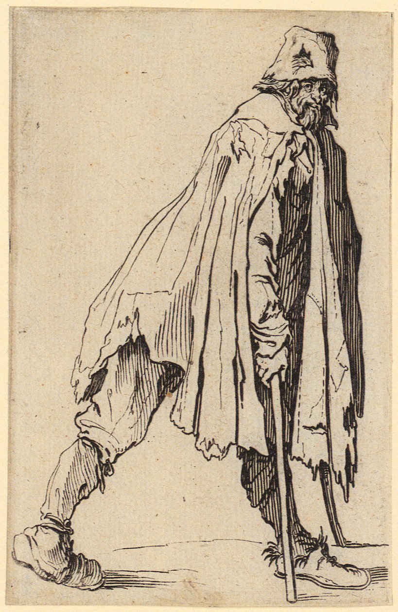 Bedelaar met krukken en hoed, blad 4 uit de reeks "De bedelaars" door Jacques Callot