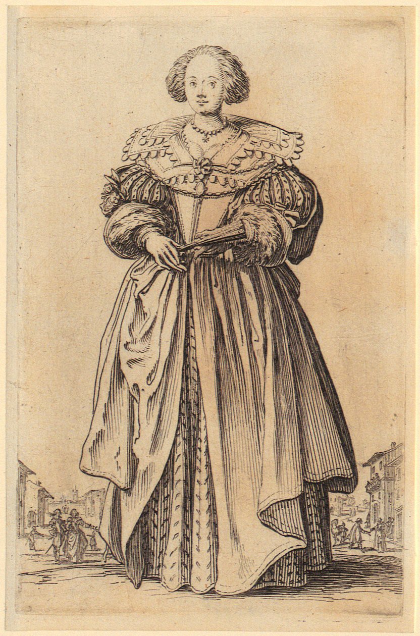 Dame met waaier, blad 9 uit de reeks "De adel" door Jacques Callot