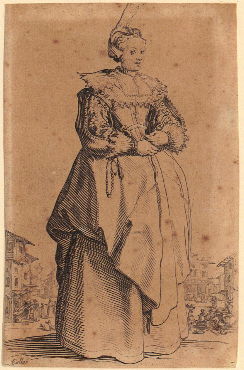 Dame met hoofdtooi, plaat 1 uit de reeks “De adel” door Jacques Callot