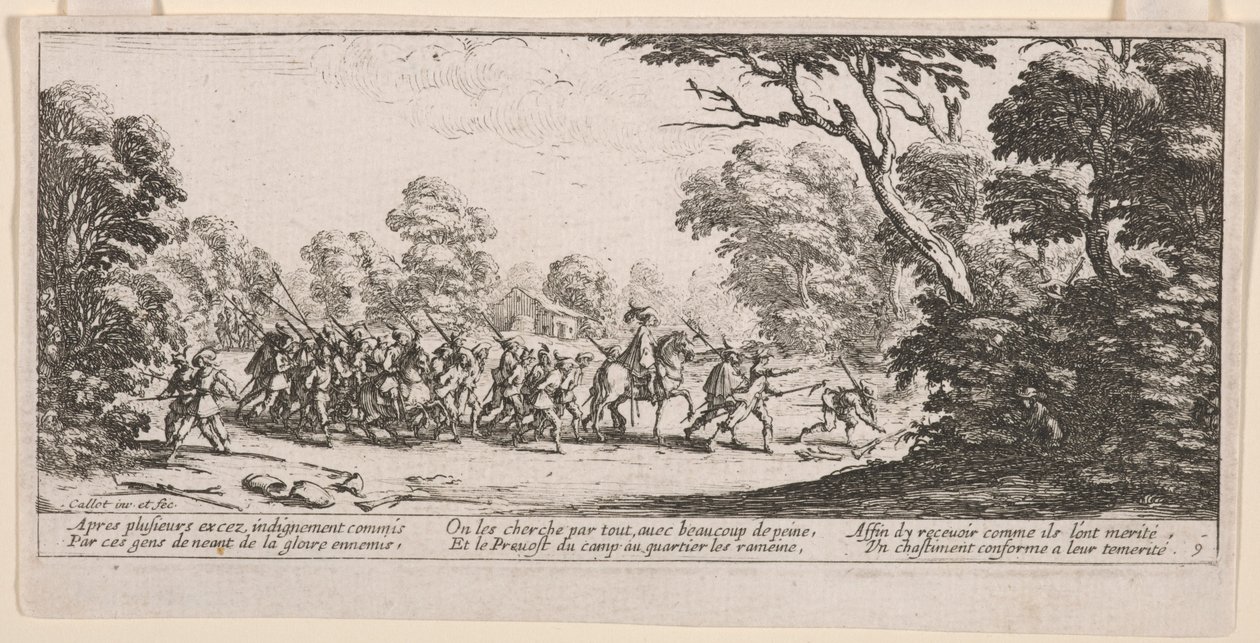 Découverte des malfaiteurs (Ontdekking van de misdadigers), illustratie uit Les Grandes misères de la guerre door Jacques Callot