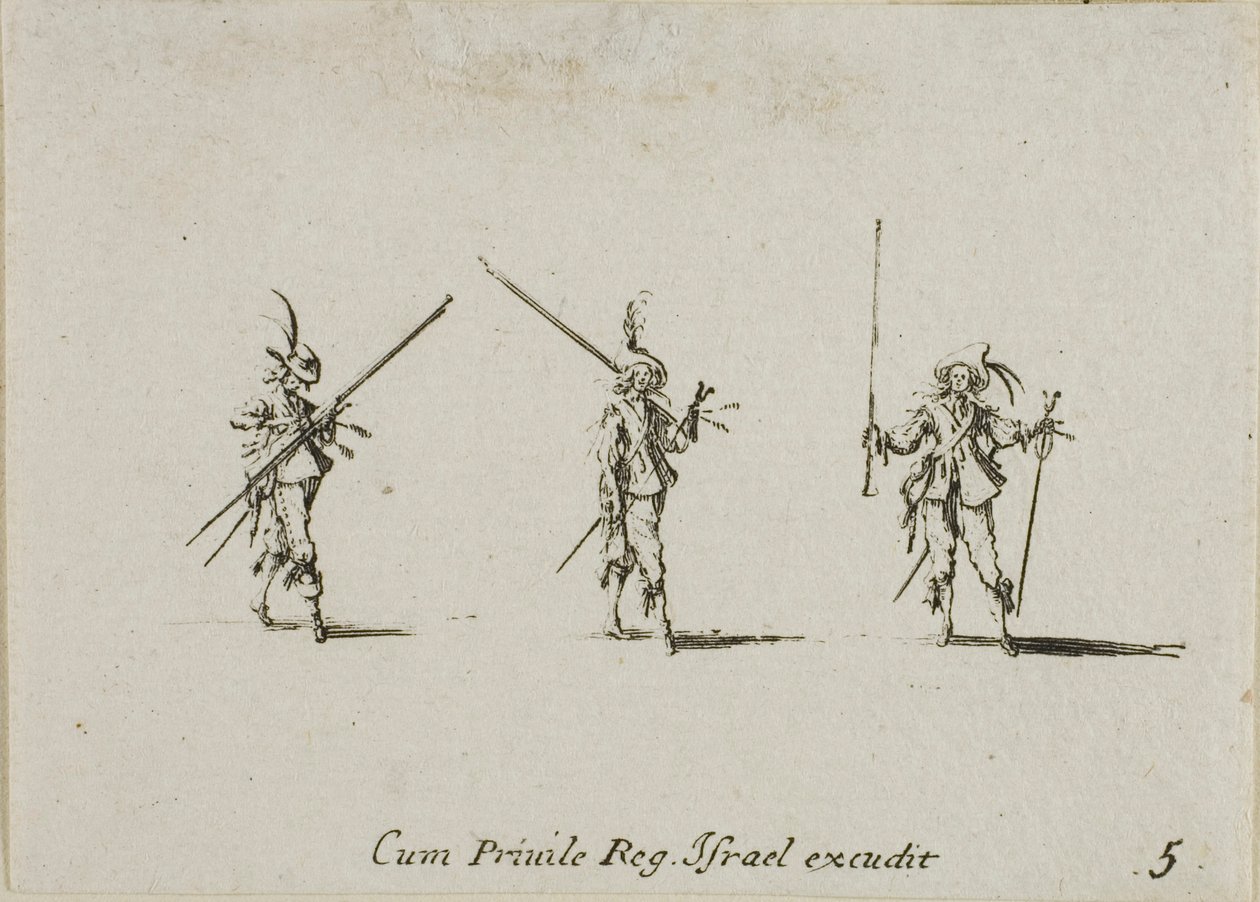Oefening met gekantelde pieken, plaat vijf uit De Militaire Oefeningen door Jacques Callot