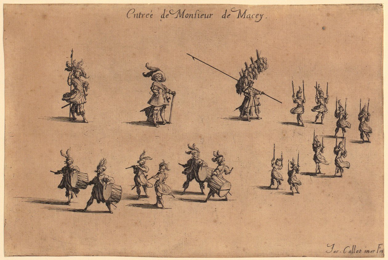 Edelsman met bontafgezette mantel, handen achter de rug gevouwen, blad 7 uit de reeks "De adel" door Jacques Callot