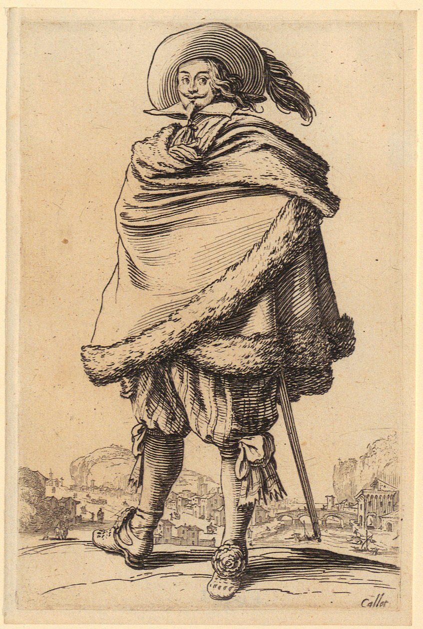 Edelsman met bontafgezette mantel, blad 10 uit de reeks „De adel” door Jacques Callot