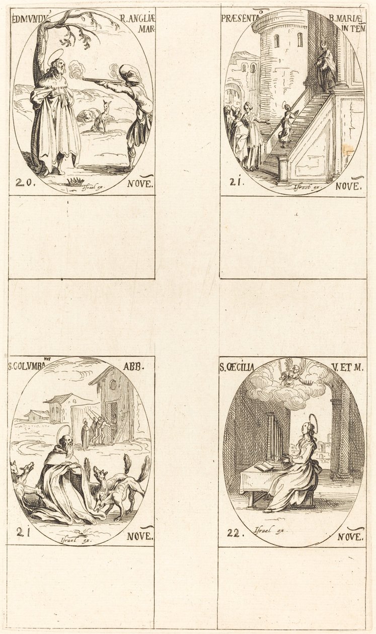 Edmund, koning van Engeland, martelaar, presentatie van de Maagd, St. Columba, St. Cecilia door Jacques Callot