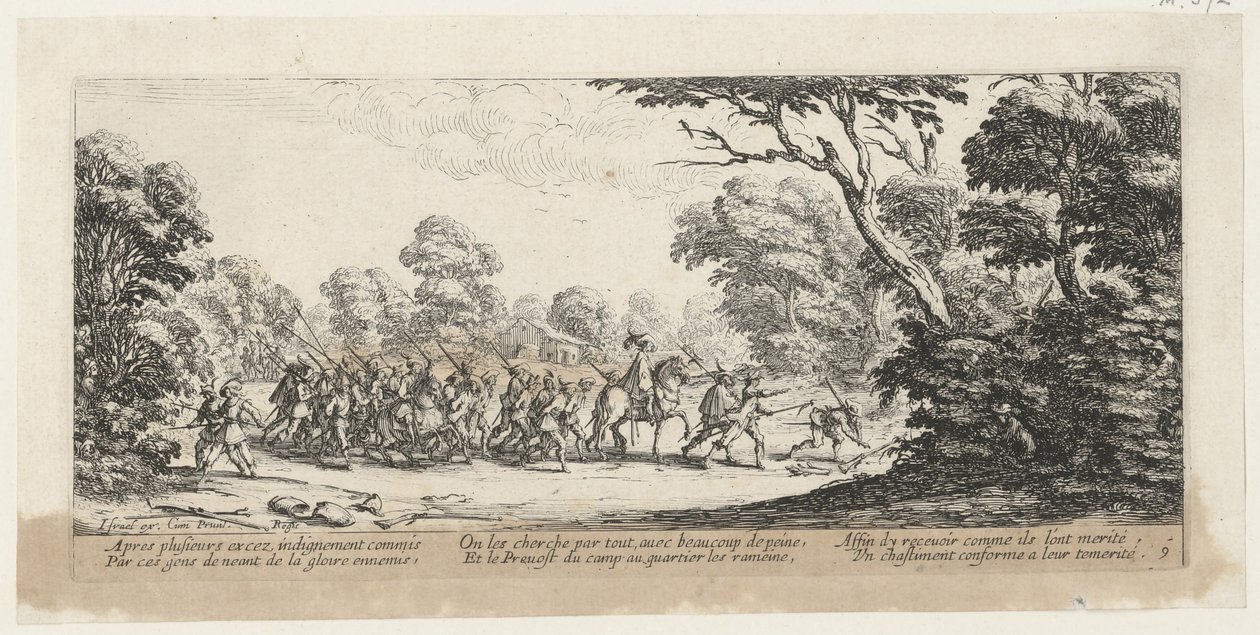 Ontmaskering van de misdadigers, blad 9 van de reeks „De gruwelen van de oorlog” door Jacques Callot