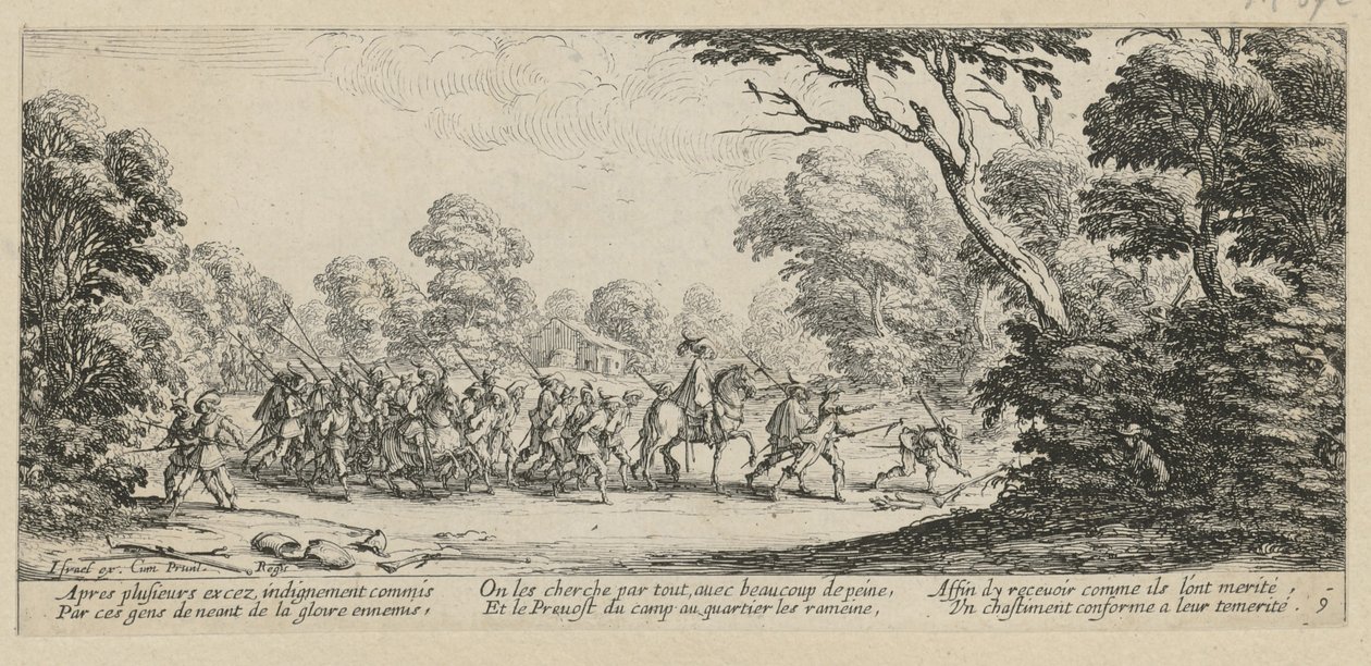 Ontmaskering van de misdadigers, blad 9 van de reeks „De gruwelen van de oorlog” door Jacques Callot
