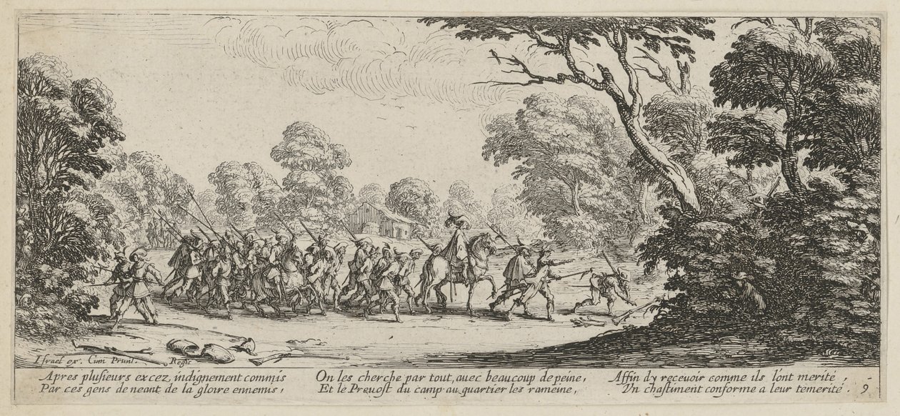 Ontmaskering van de misdadigers, blad 9 van de reeks „De gruwelen van de oorlog” door Jacques Callot