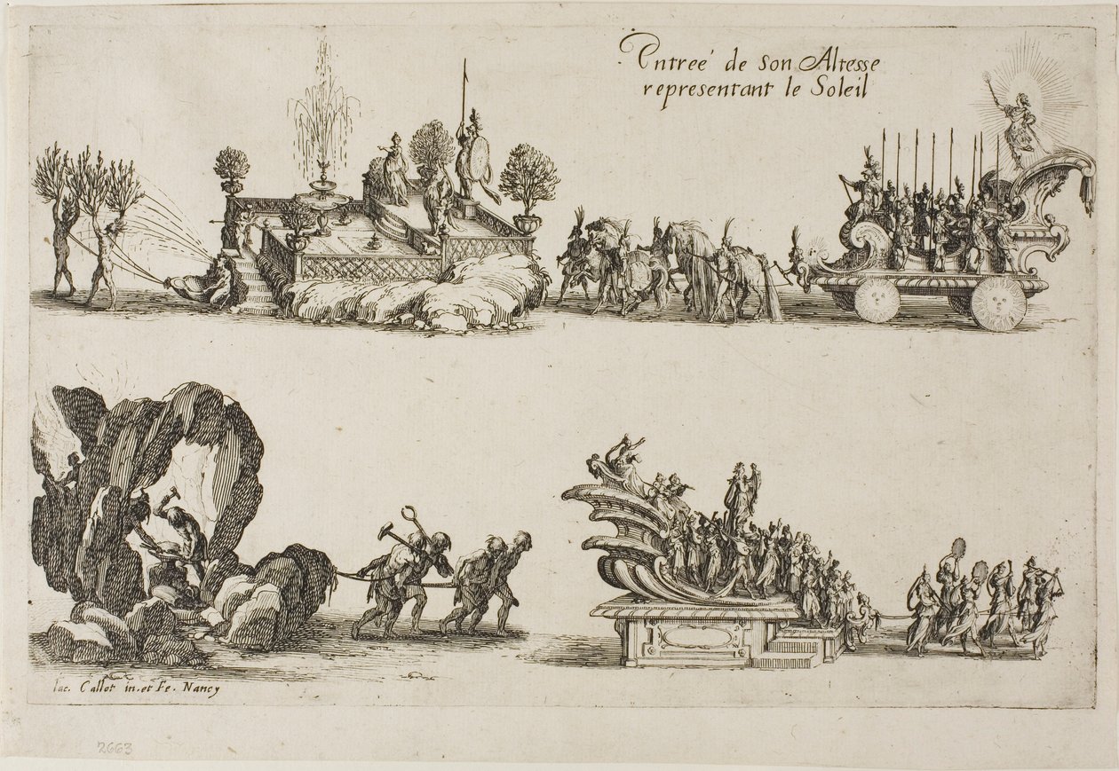 Intocht van Zijne Hoogheid, die de zon vertegenwoordigt, uit Het gevecht bij de barrière door Jacques Callot