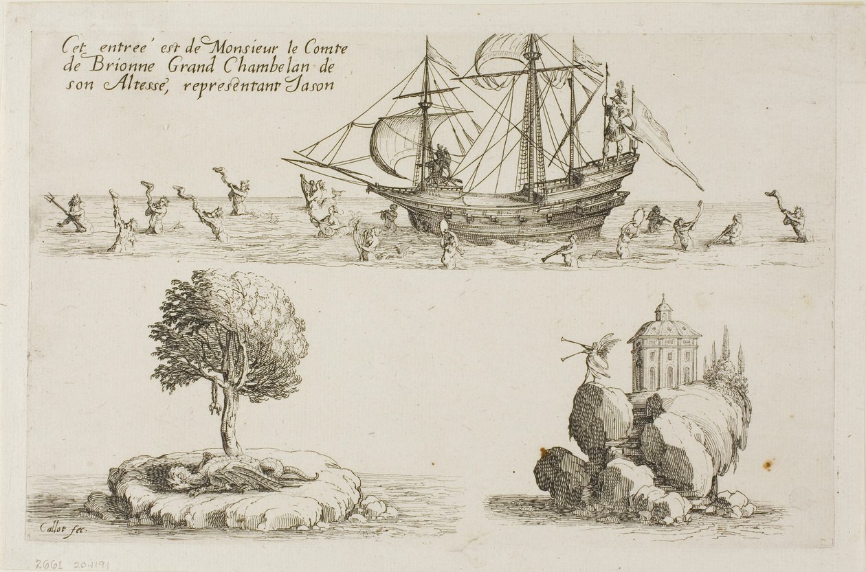 Intocht van M. le Comte de Brionne, Grootkamerheer van Zijne Hoogheid, die Jason vertegenwoordigt, uit Het gevecht bij de barrière door Jacques Callot