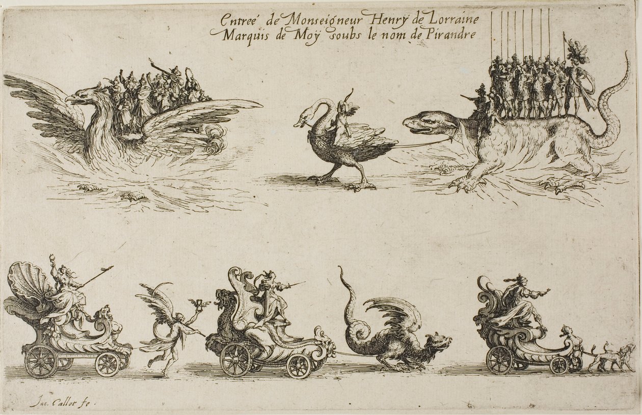 Intocht van Monseigneur Henry de Lorraine, Markies de Moy, onder de naam Pirandre, uit Het Gevecht bij de Barrière door Jacques Callot