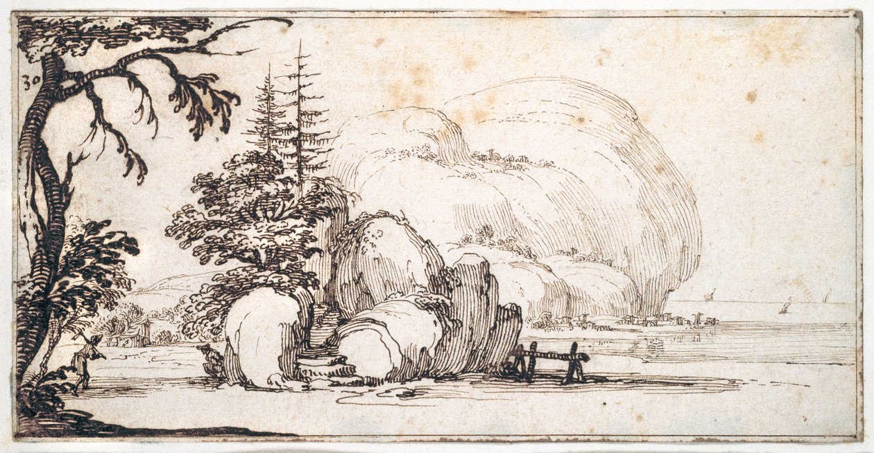 Fantastische rotsen aan de kust, gebouwen aan de oever door Jacques Callot