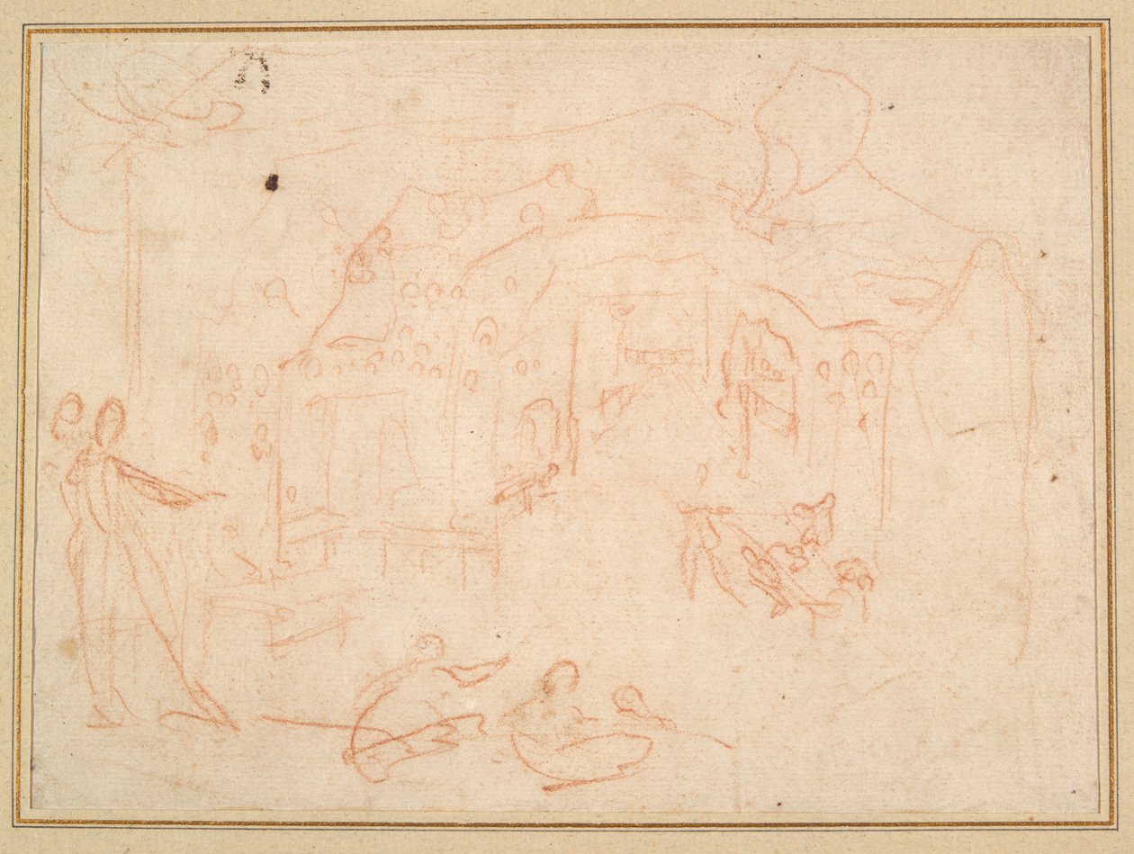 Figurenstudies (recto); Een toneelset (verso) door Jacques Callot