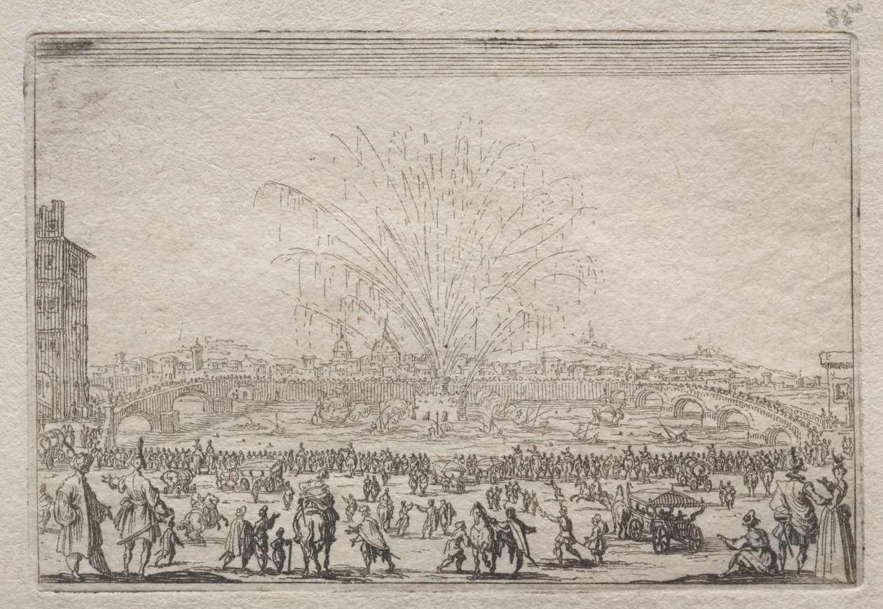 Vuurwerk op de Arno, ca. 1622 door Jacques Callot