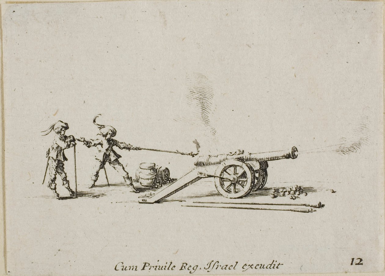Het Afvuren van het Kanon, plaat twaalf uit De Militaire Oefeningen door Jacques Callot