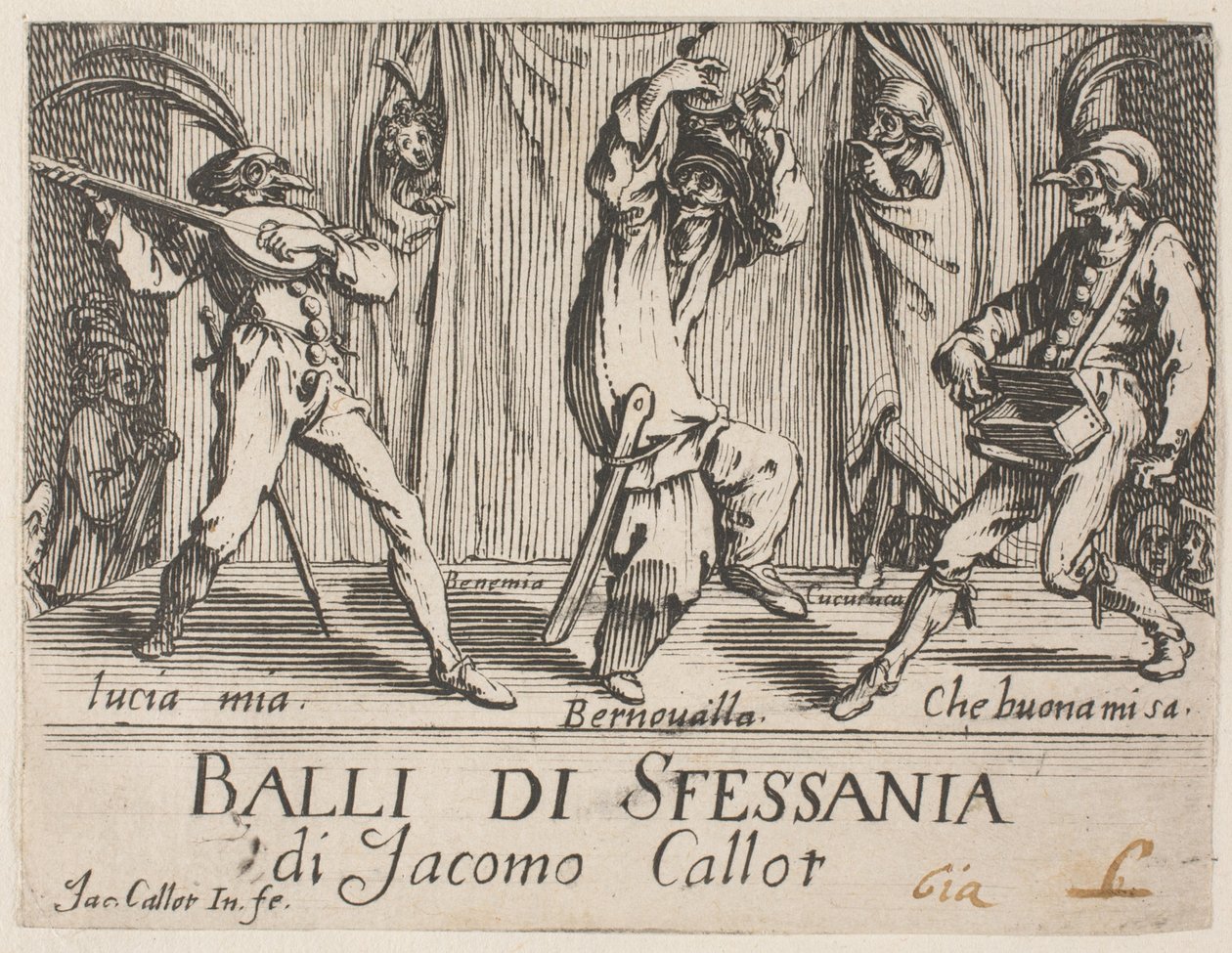 Frontispice, uit Balli di Sfessania door Jacques Callot