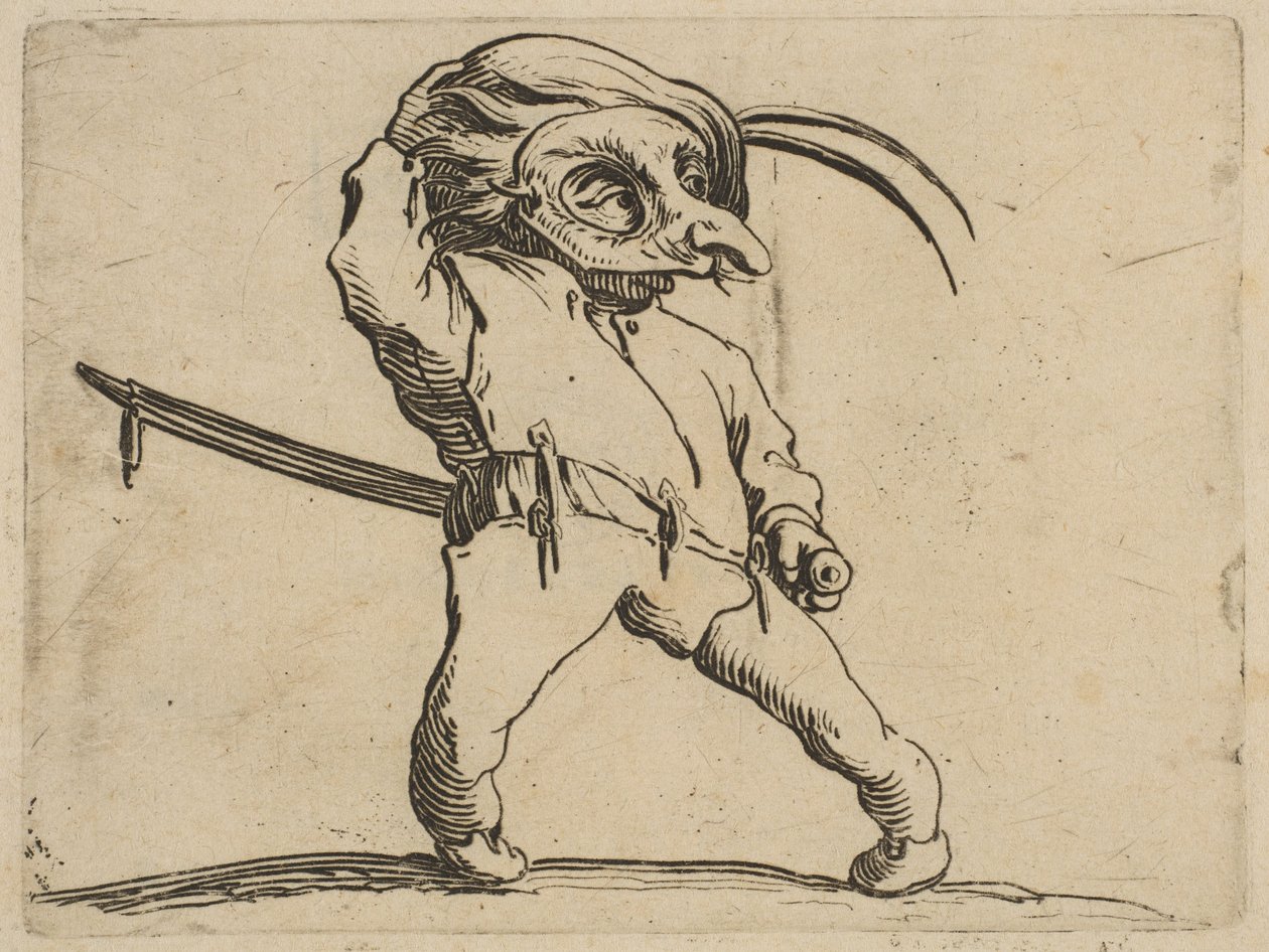 LHomme Masqué aux Jambes Torses De Gemaskerde Man met Kromme Benen, uit Varie Figure door Jacques Callot