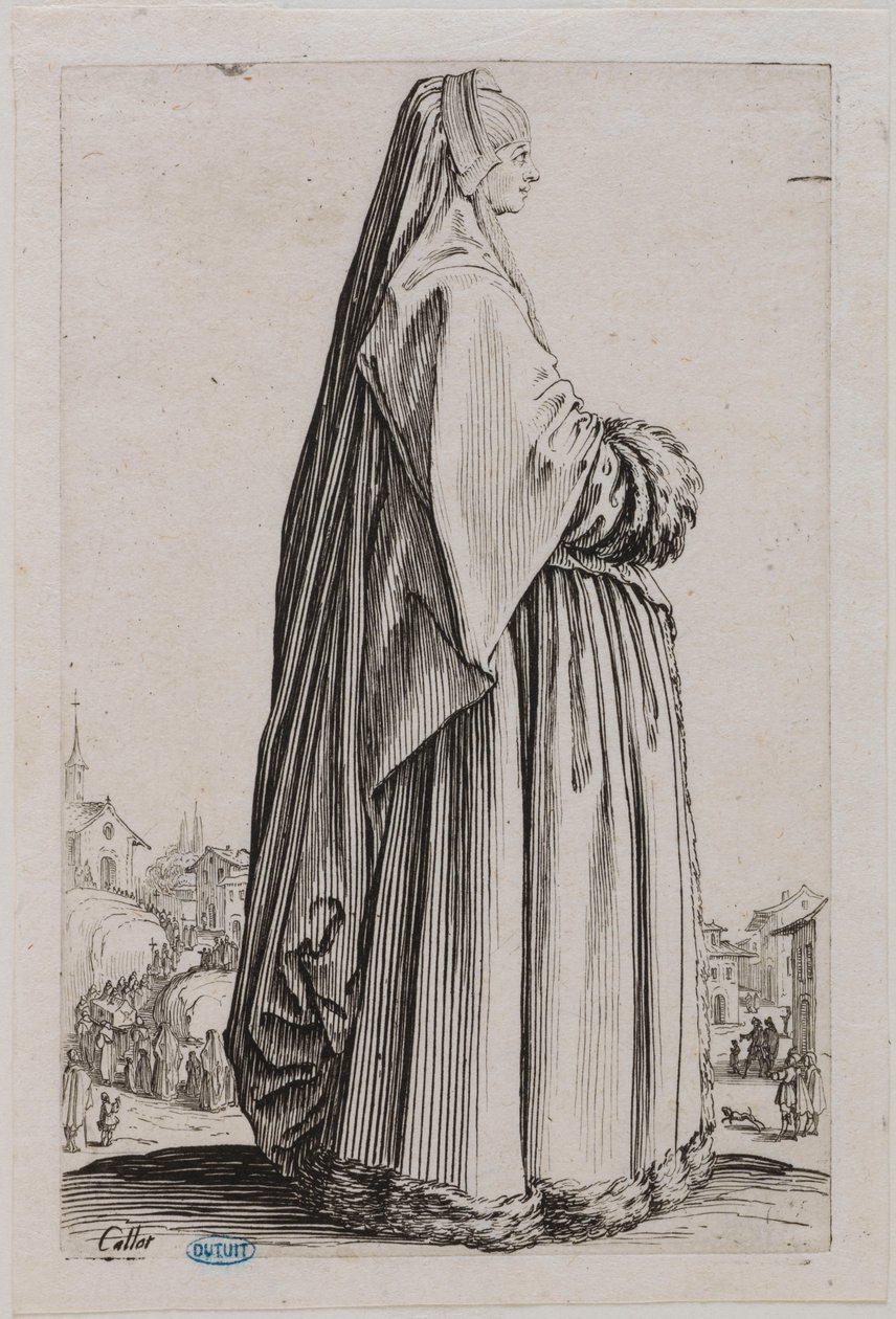 De adel: de dame met een grote sluier op het hoofd en een met bont afgezette jurk. Vijfde deel van een reeks van 12 stukken (Lieure 553, Meaume 679) door Jacques Callot