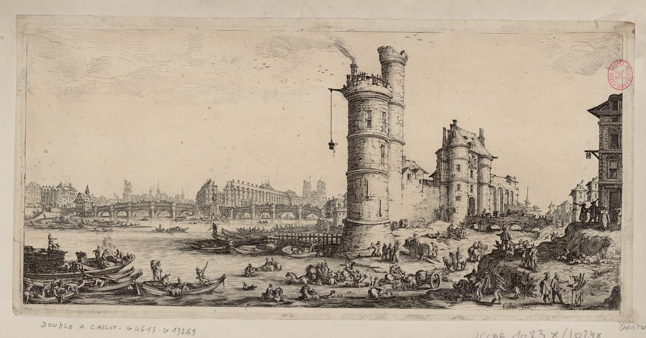 De toren van Nesle en gezicht op de Pont-Neuf door Jacques Callot