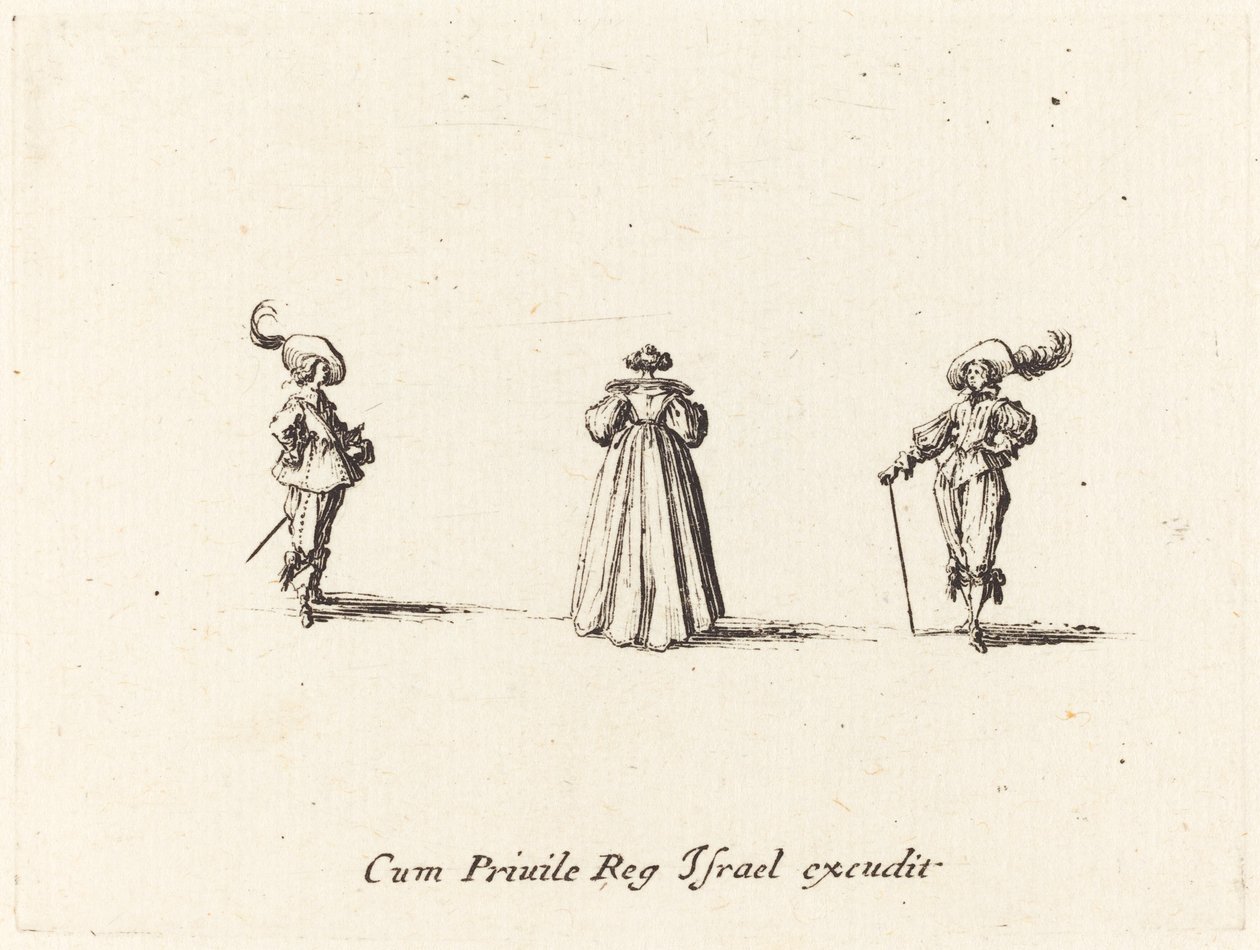 Dame gezien van achteren, en twee heren door Jacques Callot
