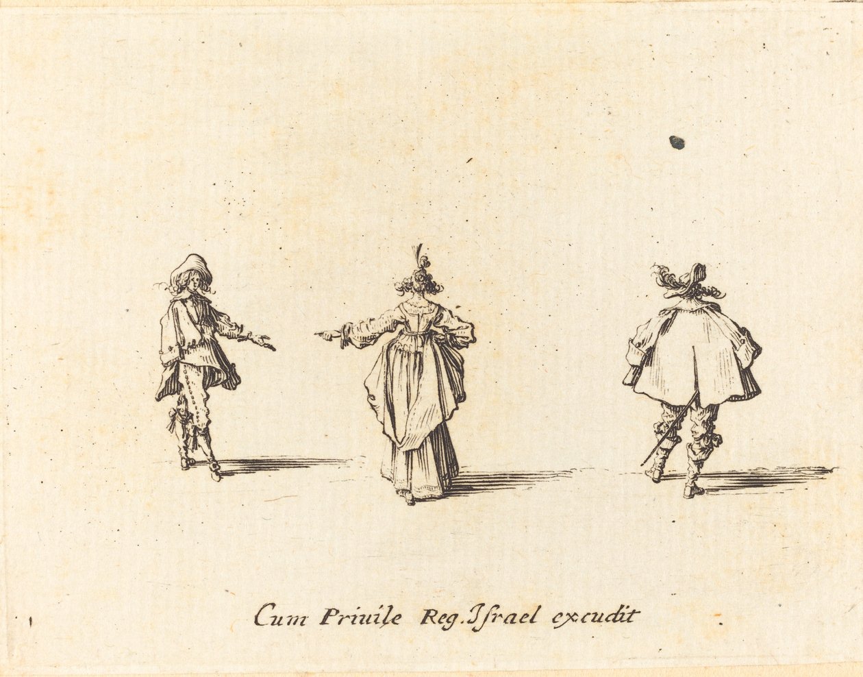 Dame met uitgestrekte arm, van achteren gezien, en twee heren door Jacques Callot