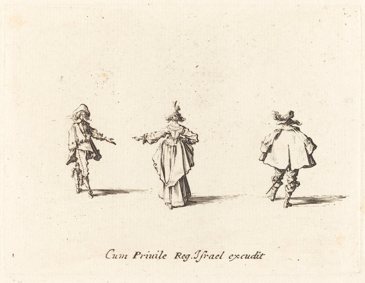 Dame met uitgestrekte arm, van achteren gezien, en twee heren door Jacques Callot