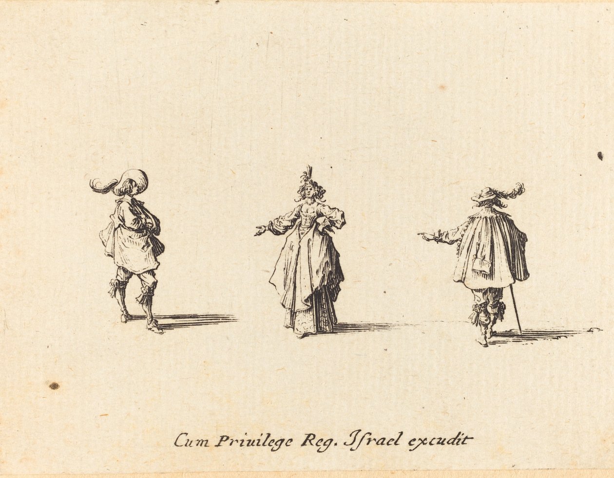 Dame met uitgestrekte arm en twee heren door Jacques Callot