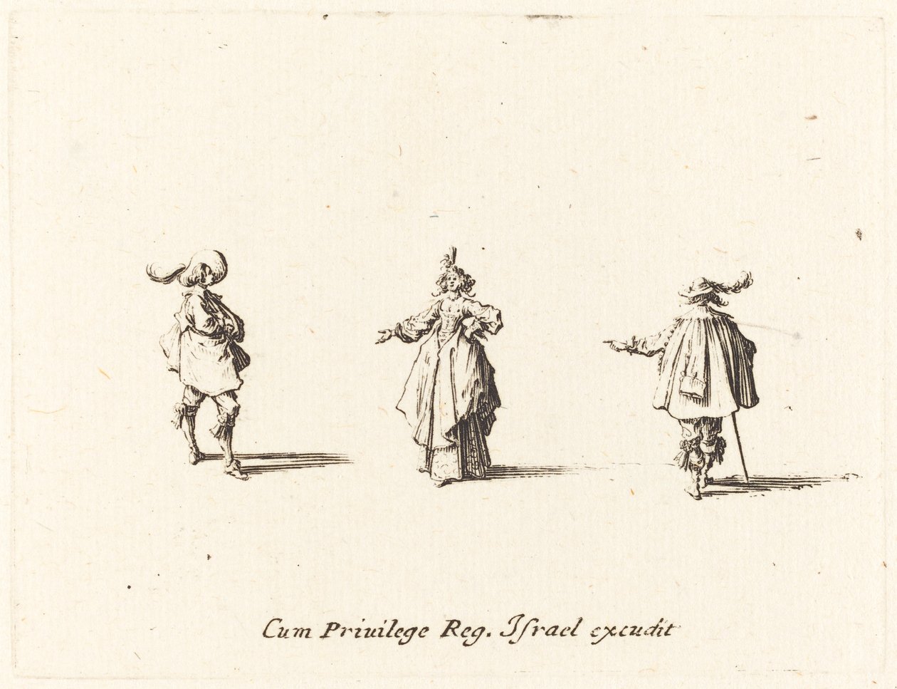 Dame met uitgestrekte arm en twee heren door Jacques Callot