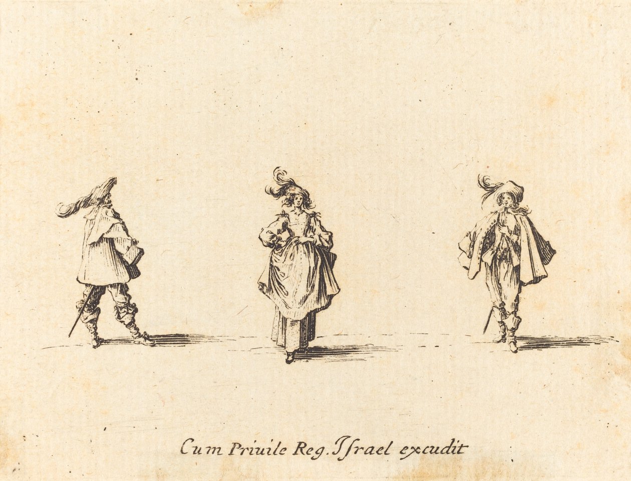Dame met veren en twee heren door Jacques Callot