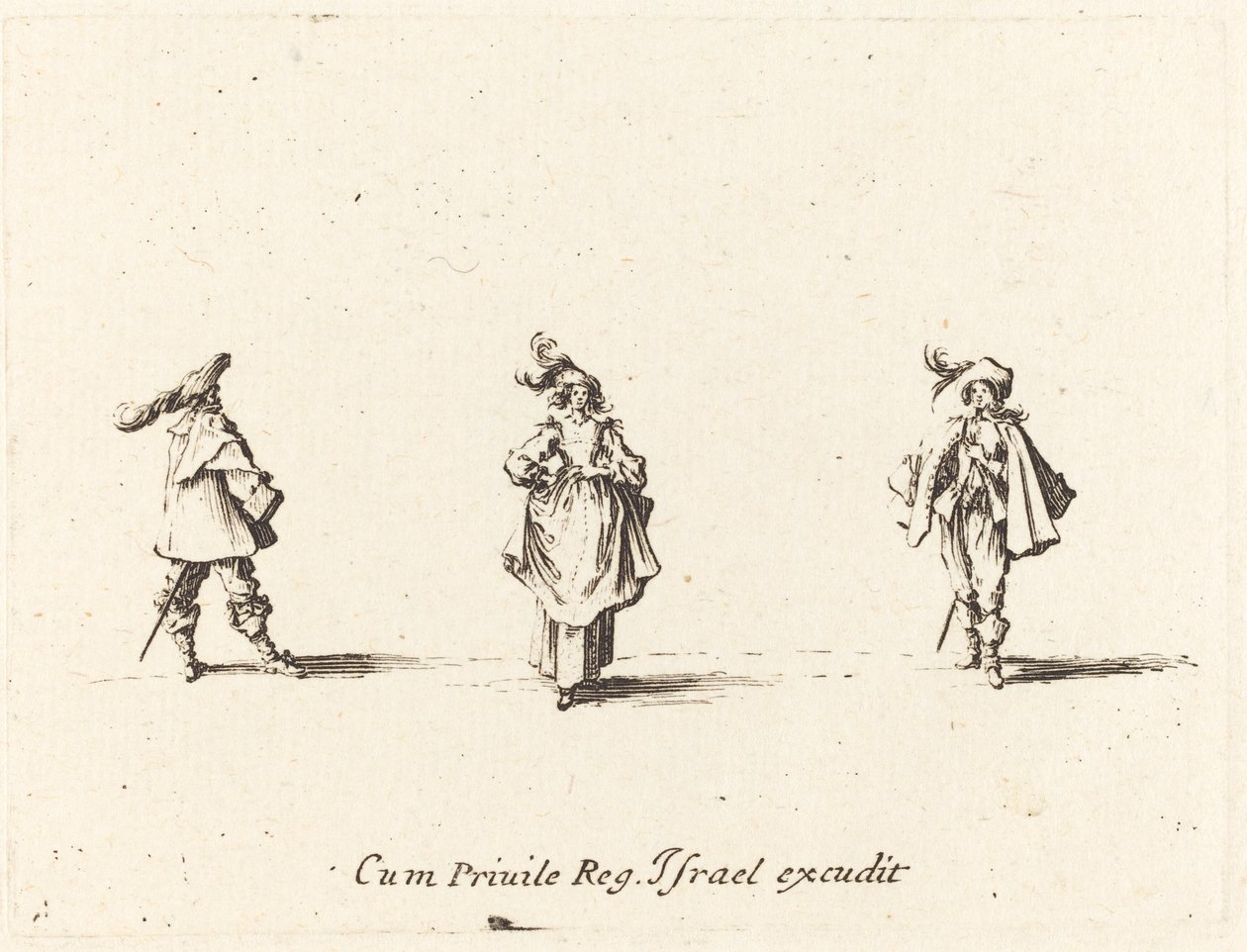 Dame met veren en twee heren door Jacques Callot