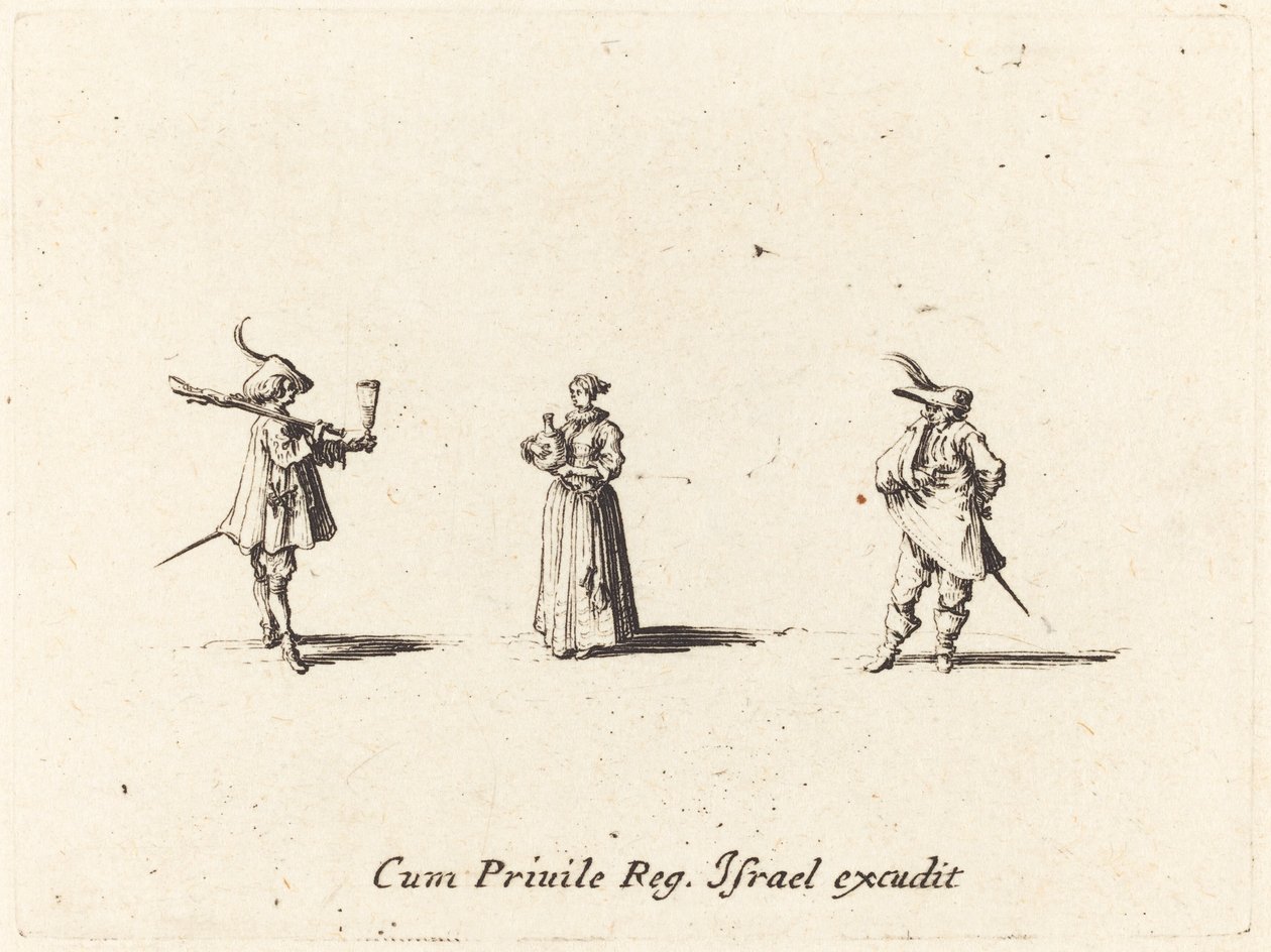 Dame met Wijnfles en Twee Heren door Jacques Callot
